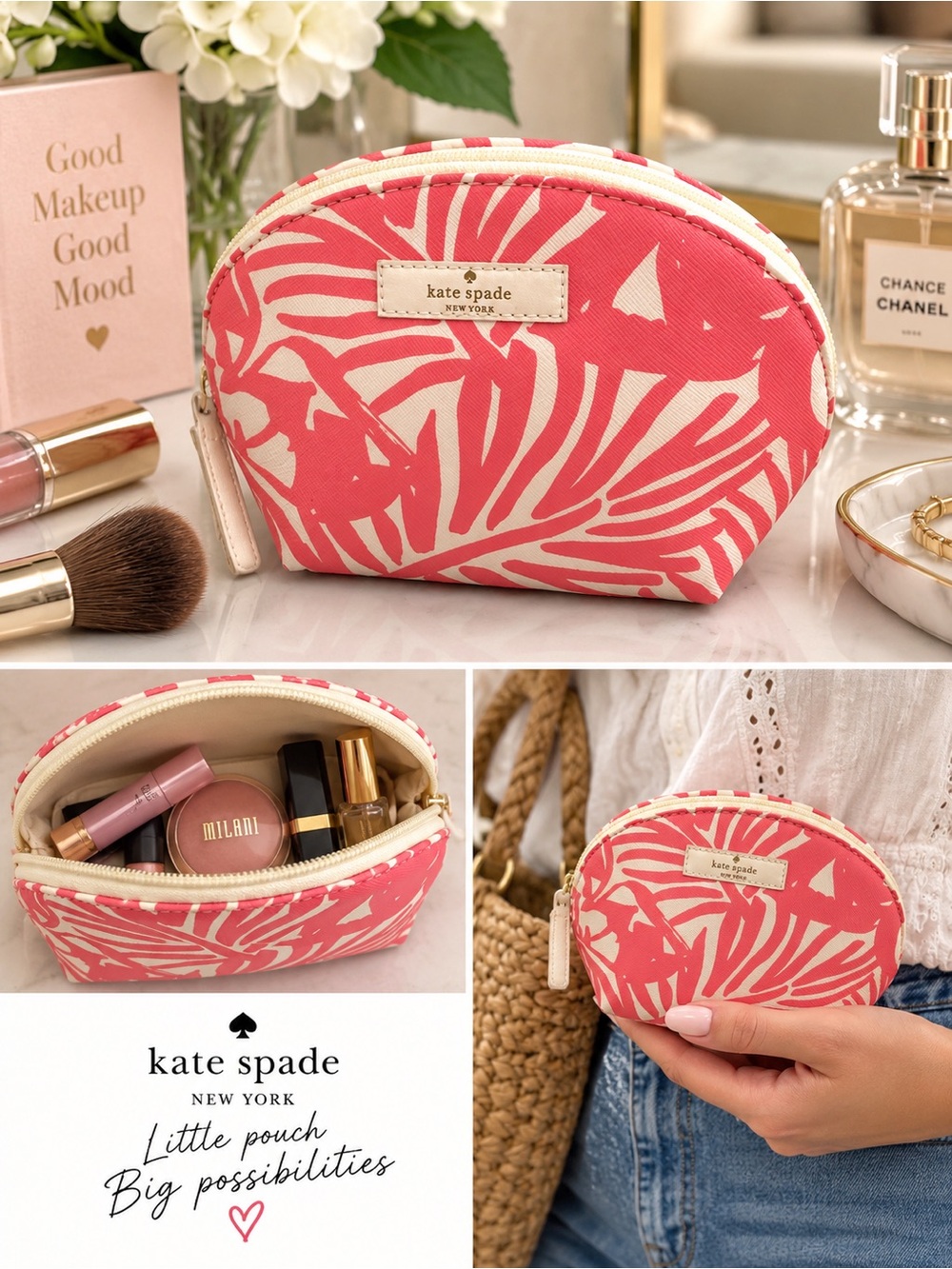 kate spade Pink and Cream Leaf Print Cosmetic Pouch